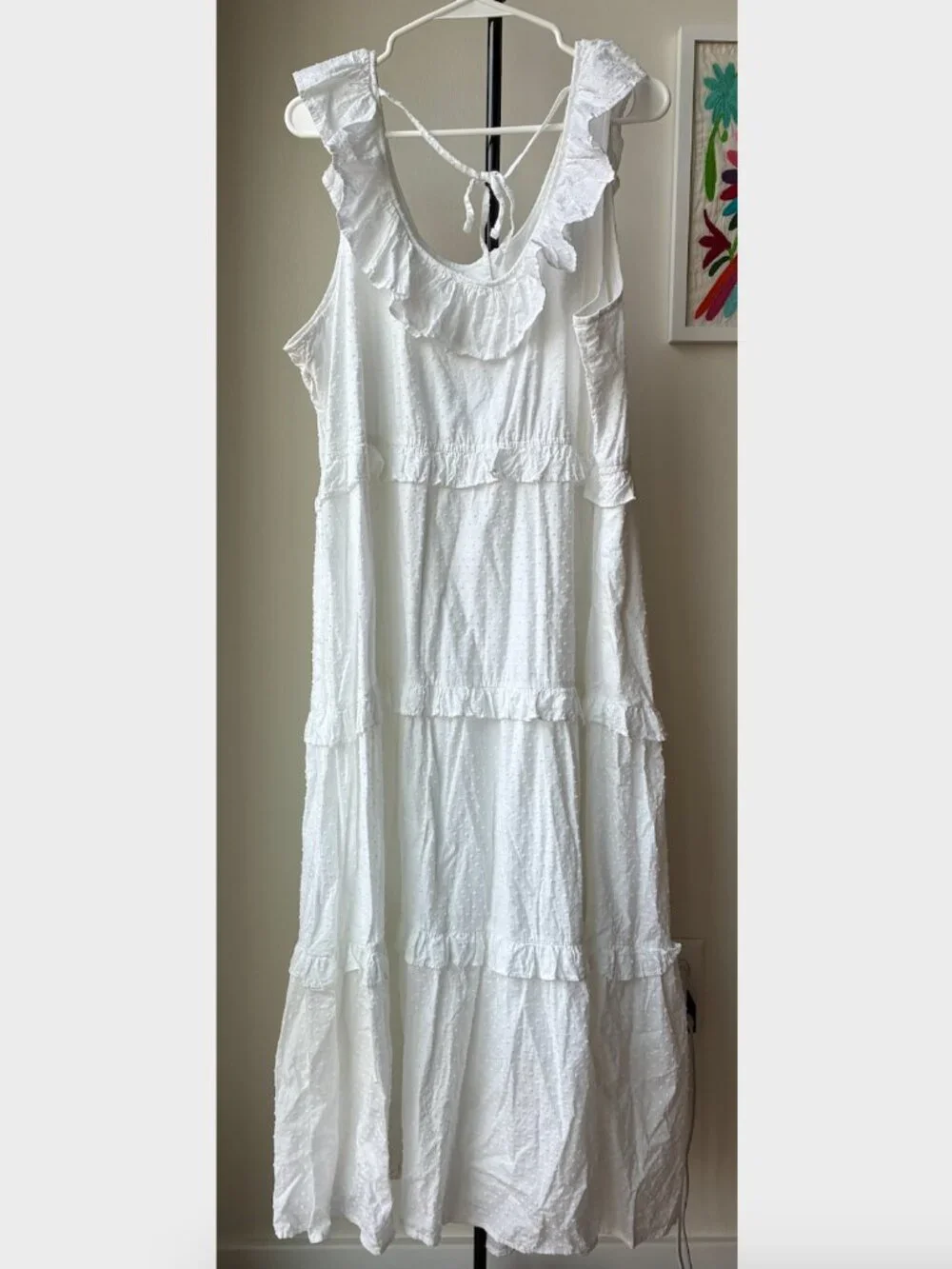 J. Crew White Swiss Dot Printed Ruffle Tiered Midi Dress w Tie Back - Size 20